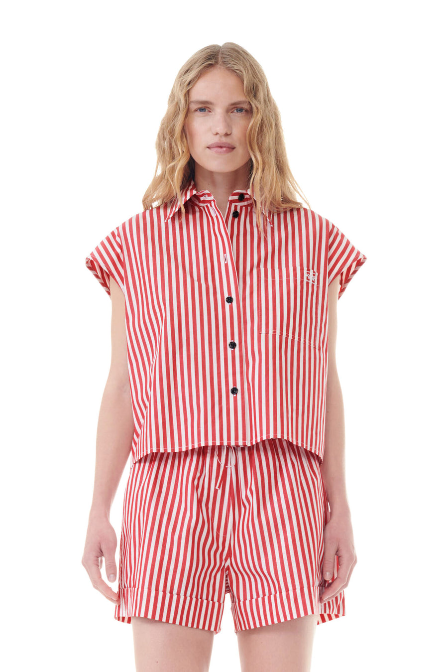 Ganni Stripe Cotton Tie Collar Shirt