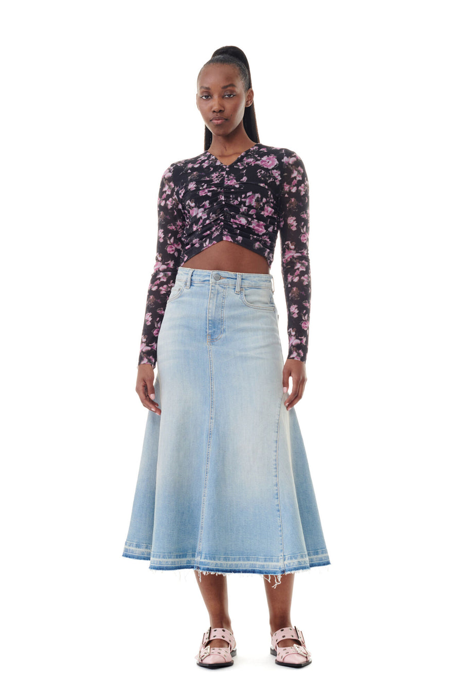 Ganni Tint Denim Midi Skirt