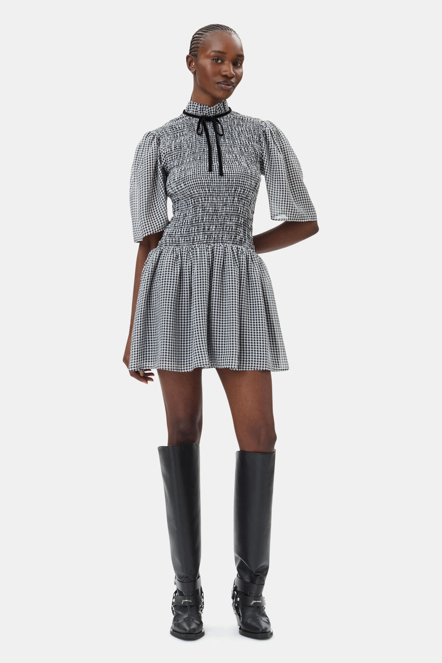 Ganni Sheer Fluid Check Mini Smock Dress