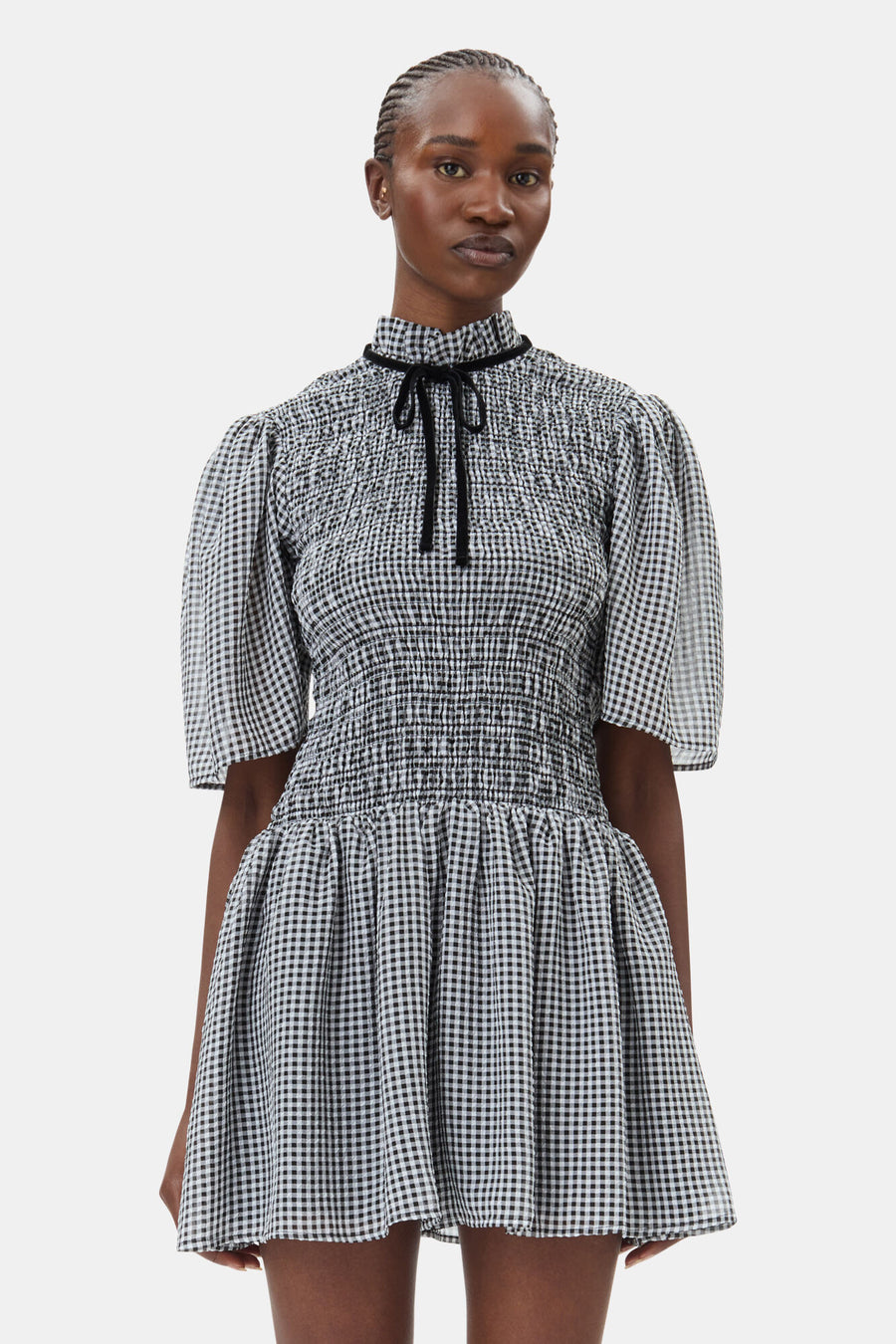 Ganni Sheer Fluid Check Mini Smock Dress