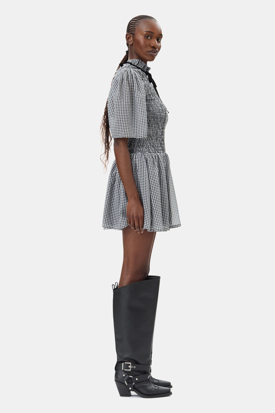 Ganni Sheer Fluid Check Mini Smock Dress