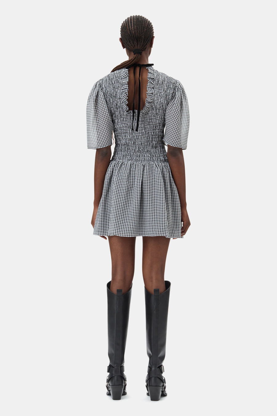 Ganni Sheer Fluid Check Mini Smock Dress