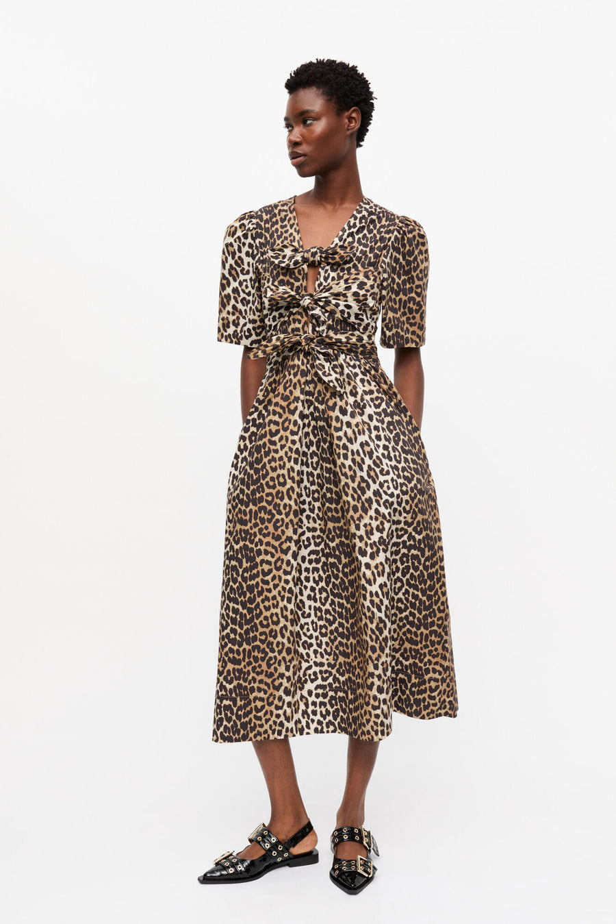 Ganni Printed Cotton Tie Strap Midi Dress