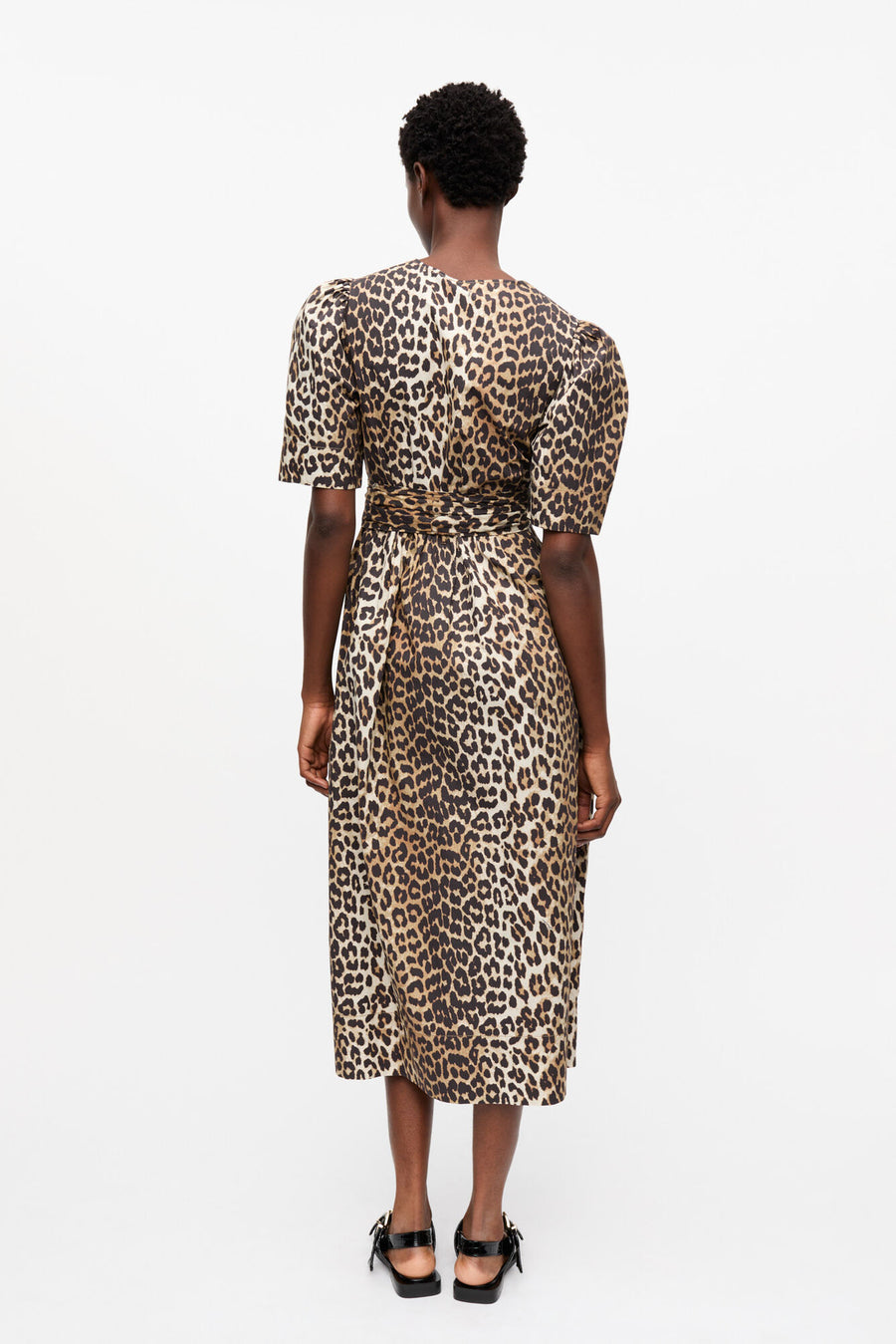 Ganni Printed Cotton Tie Strap Midi Dress