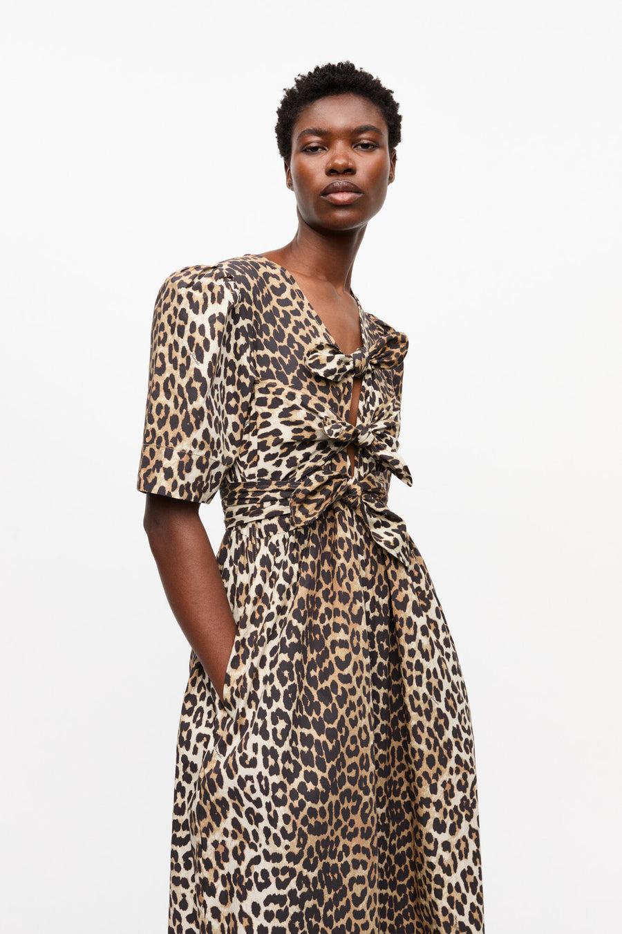 Ganni Printed Cotton Tie Strap Midi Dress